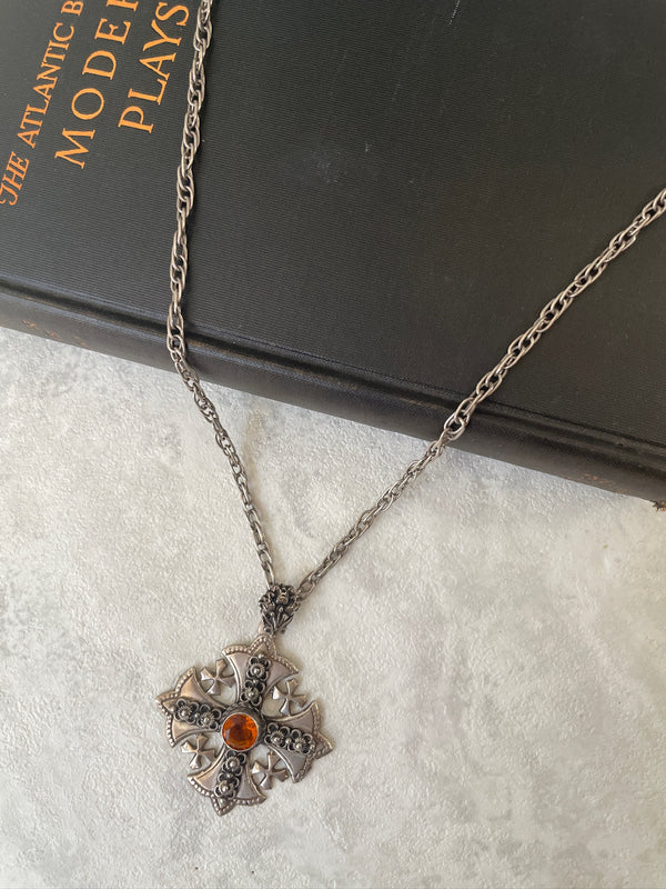 Vintage Antique Mexican Sterling Silver and Citrine Crusader's Cross Necklace - We Thieves