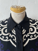 Vintage Ellen Tracy Black Silk Chinoiserie Graphic Print Blouse L - We Thieves