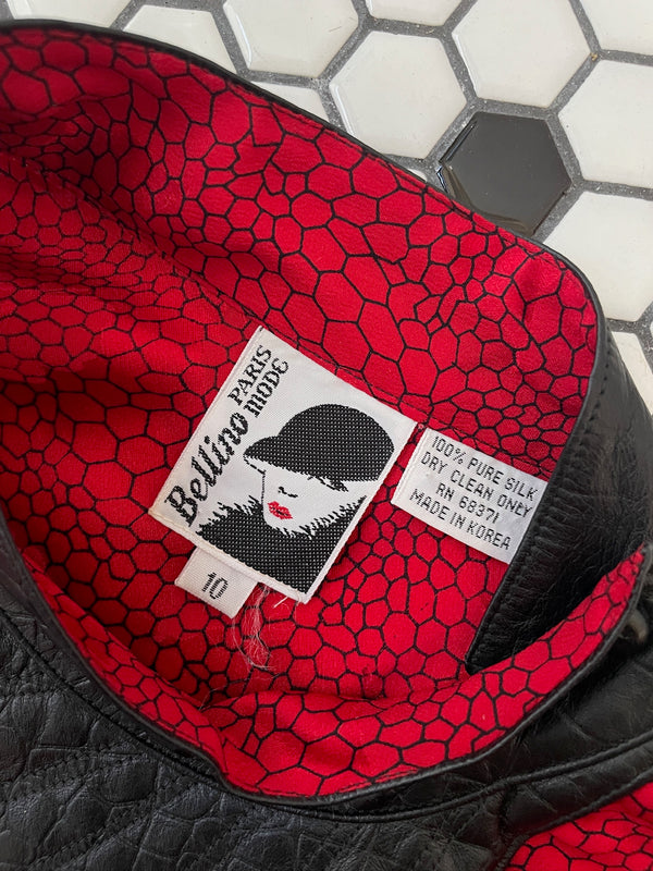 Vintage 1980s Red Patterned Silk and Black Pleather Skirt S - We Thieves