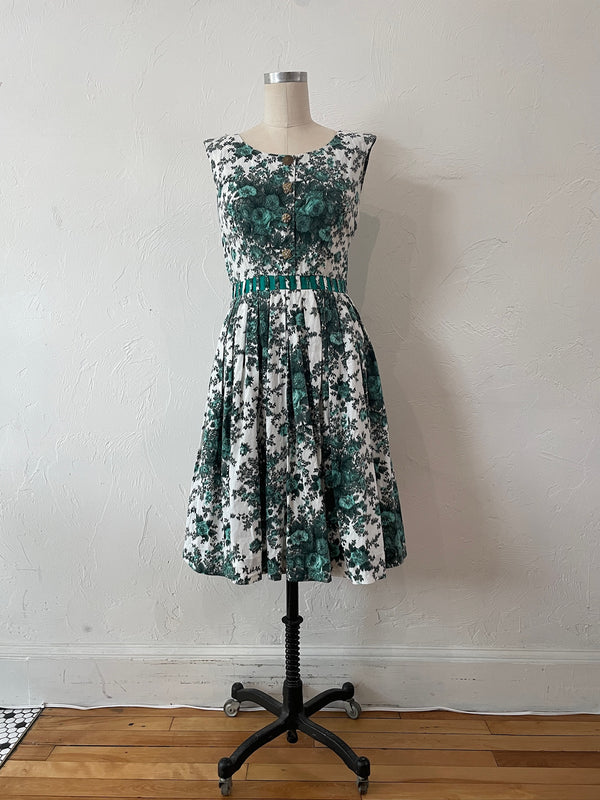 Vintage 1950s/60s Georgiana Dress Georgiana Green Floral Fit and Flare Dress S/M - We Thieves