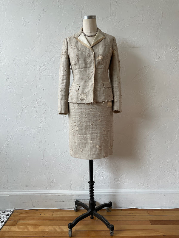 Vintage Prada Distressed Linen Silk Blend Blazer & Skirt Coordinate Set Size 40 - We Thieves