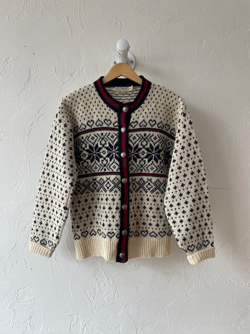 Vintage LL Bean Snowkflakes & Hearts Fair Isle Wool Cardigan Sweater M