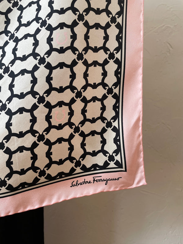 Vintage Ferragamo Black/White/Pink Gancini Print Silk Scarf - We Thieves