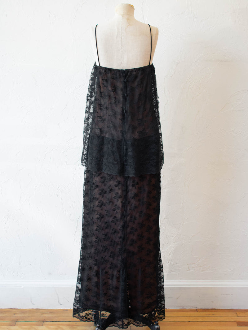 Vintage 1970s/80s Neiman Marcus Black Lace Tiered Maxi Dress L - We Thieves