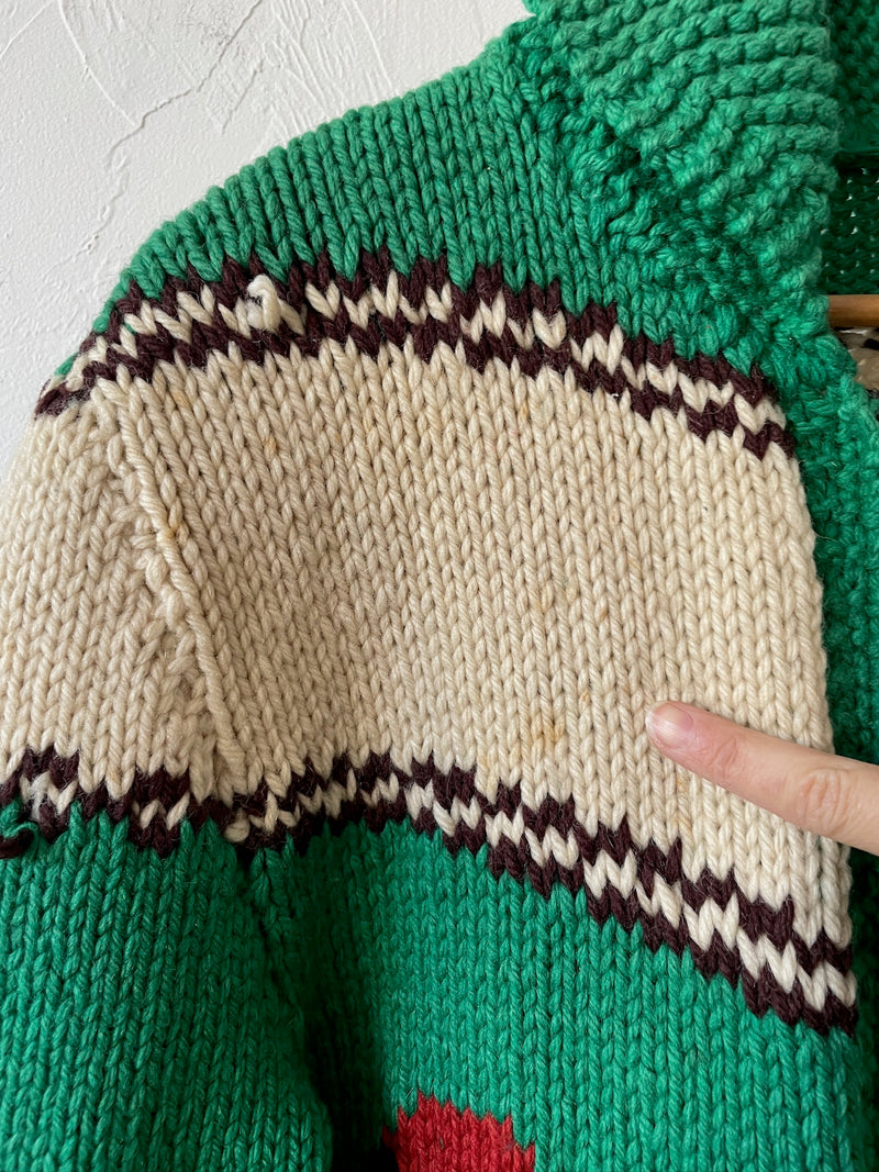 Vintage Handknit Green Hunting Dogs Zip-Up Cardigan Sweater M