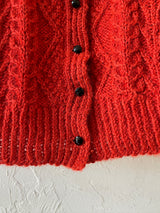 Vintage Handknit Scarlet Wool Cableknit Cardigan Sweater S/M