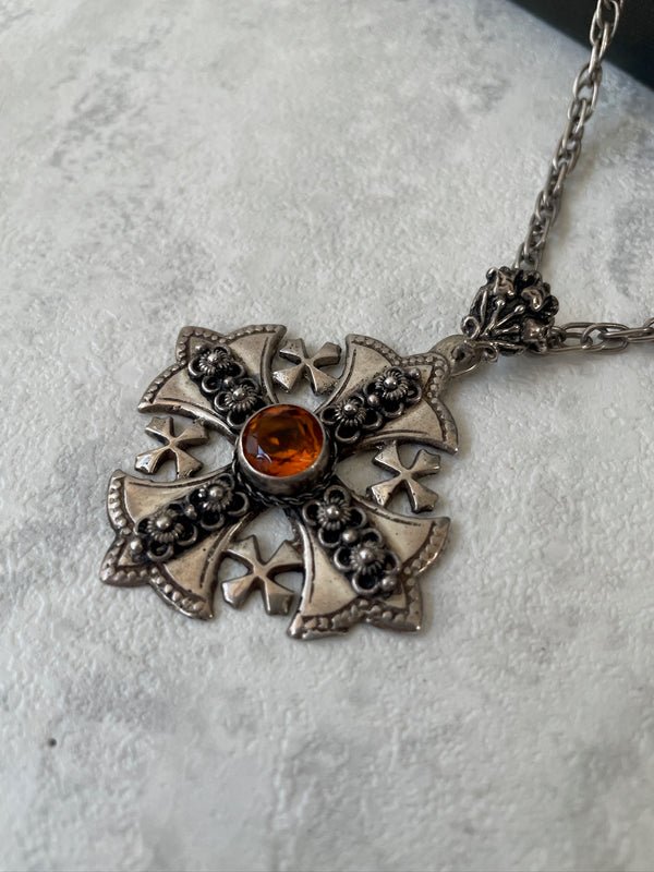 Vintage Antique Mexican Sterling Silver and Citrine Crusader's Cross Necklace - We Thieves