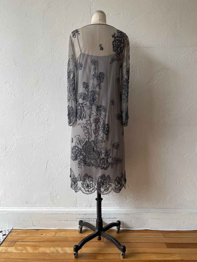 Vintage Silvery Grey Mesh Dress with Floral Beading S/M