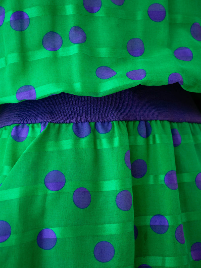 Vintage 1980s AKRIS Green & Purple Polka Dot Dress M - We Thieves