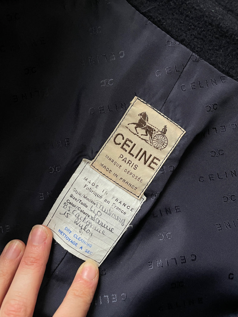 Vintage 60s Celine Navy Wool Coat with Leather Trim S/M