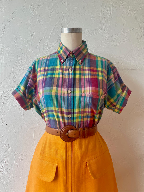 Vintage 90s Bright Plaid Madras Button Down Shirt M - We Thieves