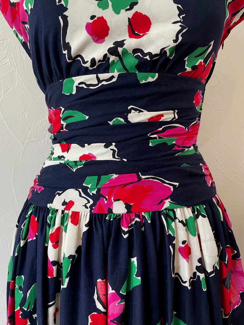 Vintage Patty O'Neil Navy Floral Dress w/ Bow XS - We Thieves