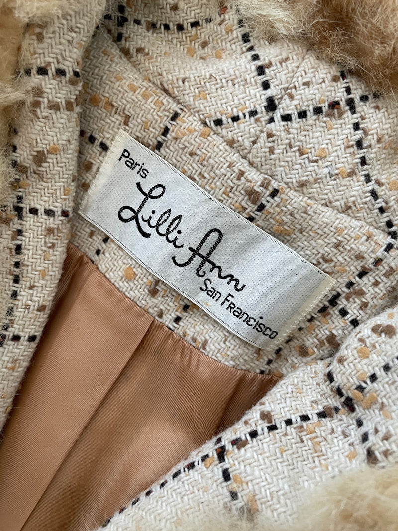 Vintage 60s Lilli Ann Windowpane Tweed Wool Blazer/Jacket with Fur Collar M