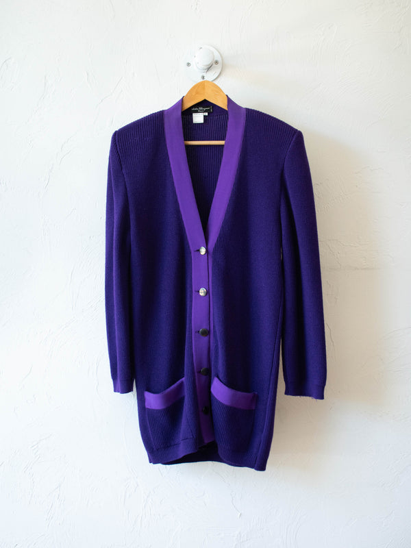 Vintage 1980s Salvatore Ferragamo Oversized Purple Wool Cardigan M/L - We Thieves