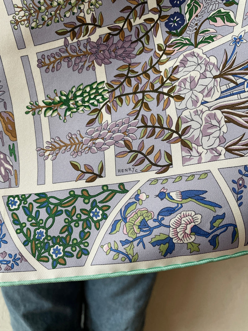 Vintage Hermes Violet & Green Fleurs De Giverny Silk Scarf