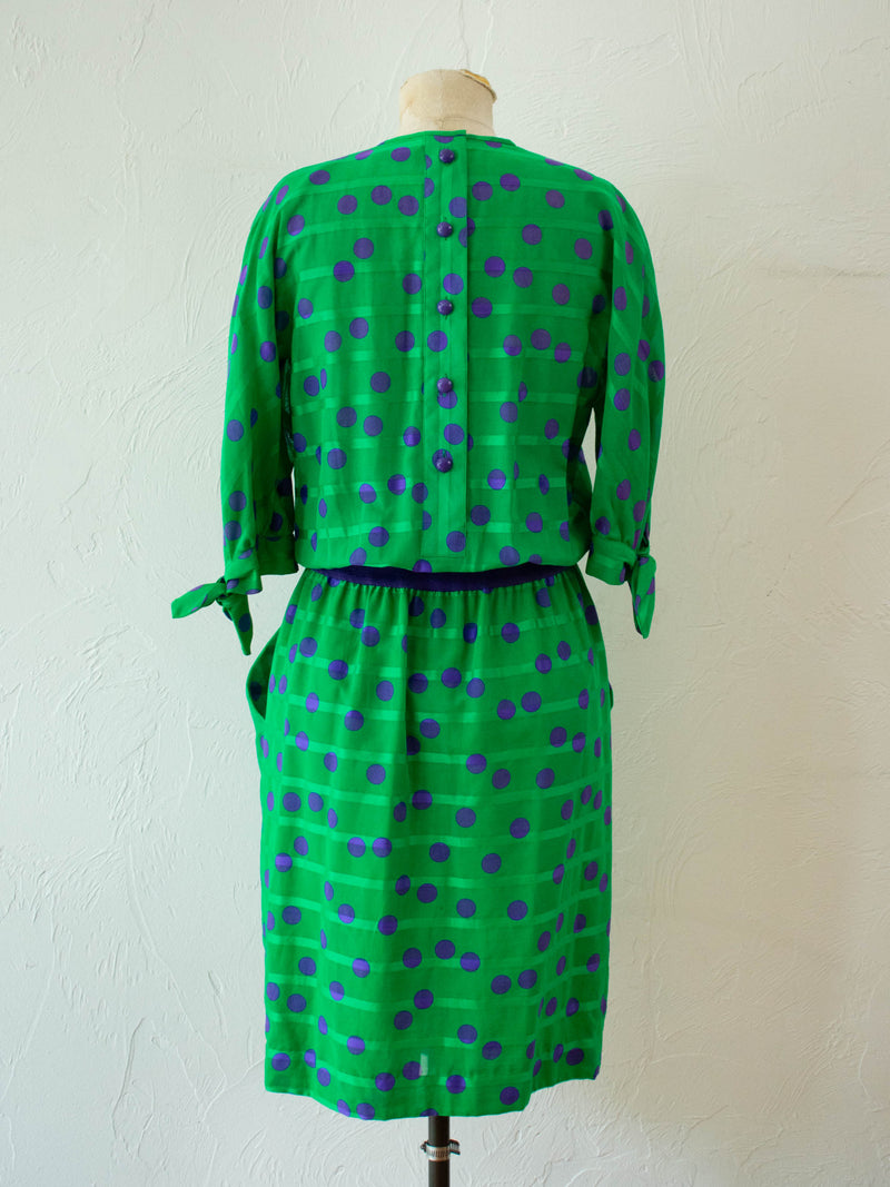 Vintage 1980s AKRIS Green & Purple Polka Dot Dress M - We Thieves