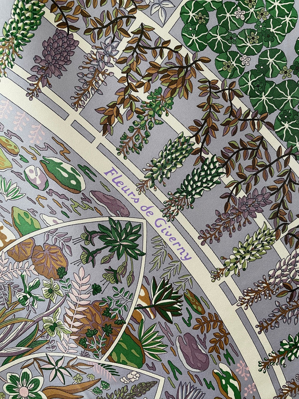 Vintage Hermes Violet & Green Fleurs De Giverny Silk Scarf