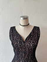 Vintage 1960s Black Lace Cocktail Dress with Pink Base M