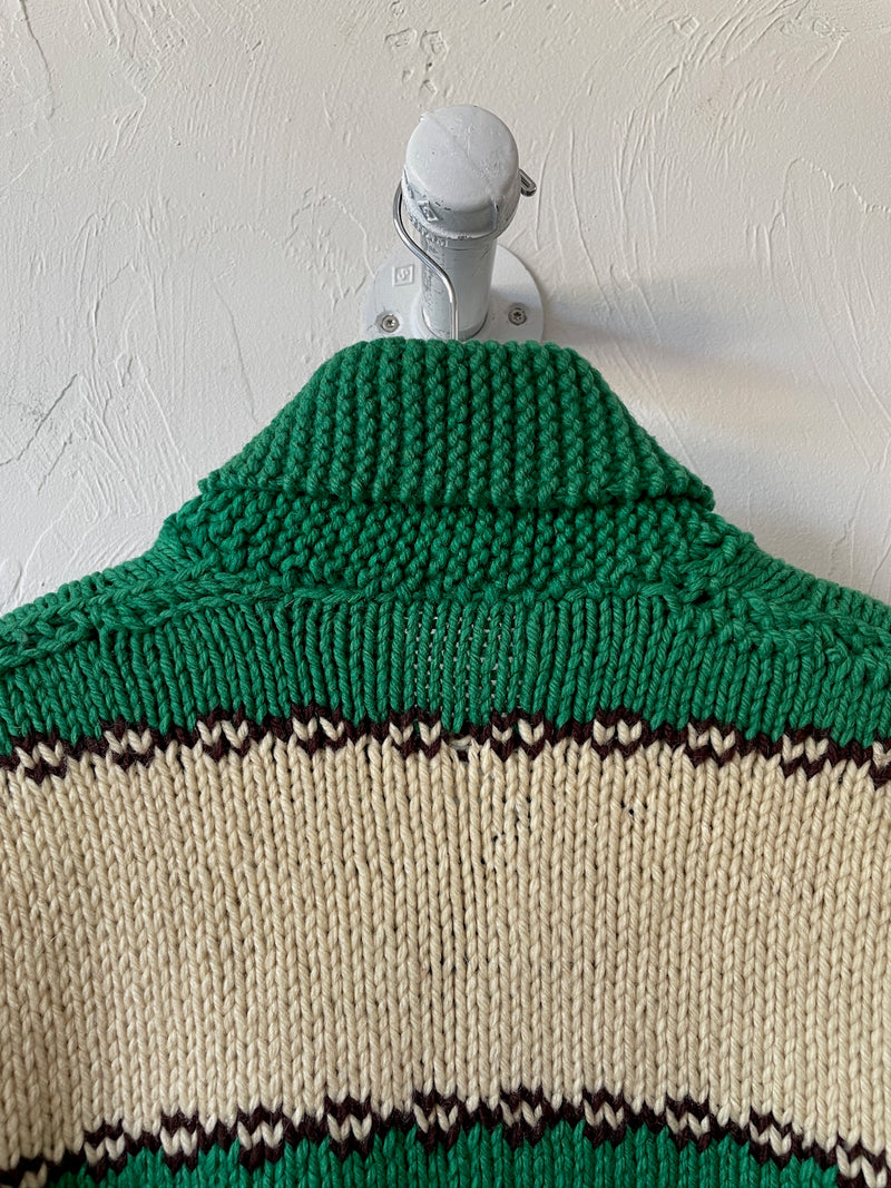Vintage Handknit Green Hunting Dogs Zip-Up Cardigan Sweater M