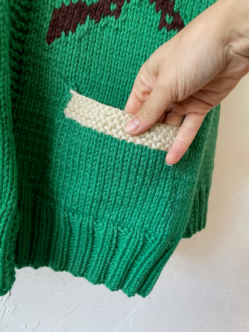 Vintage Handknit Green Hunting Dogs Zip-Up Cardigan Sweater M
