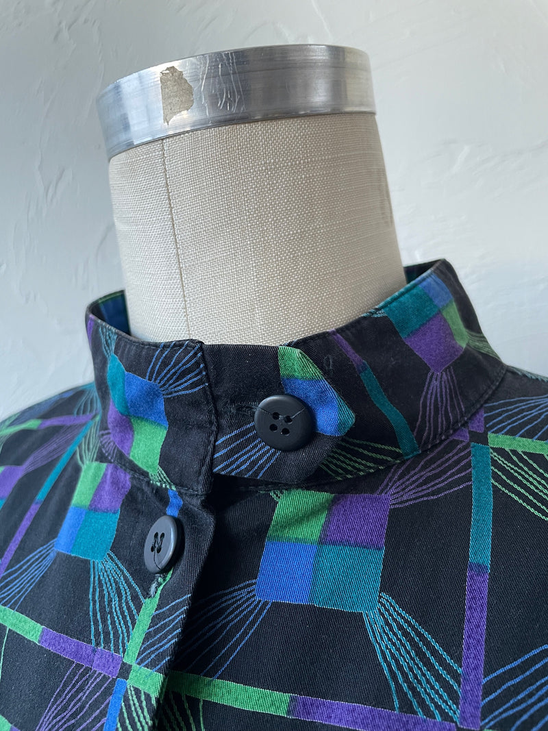 Vintage Marimekko Black & Jewel Tone Print Cotton Dress M/L