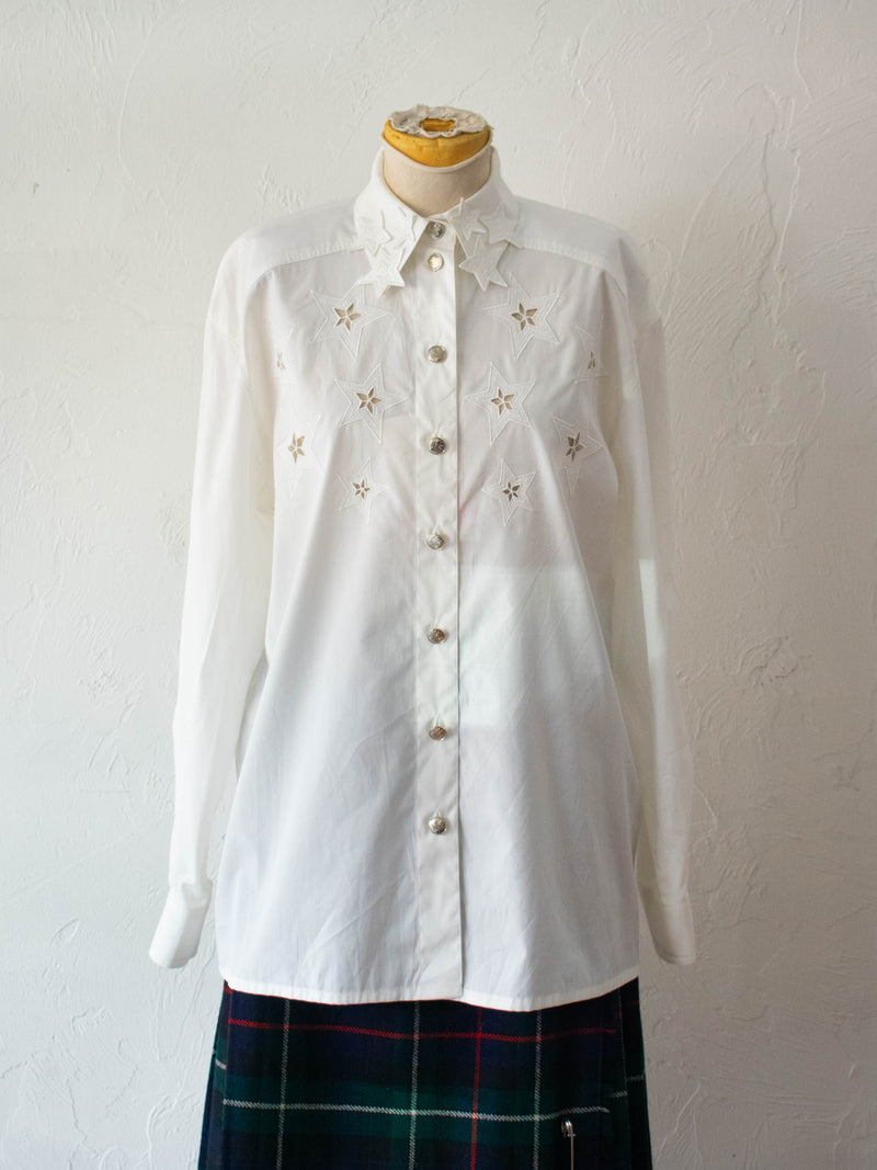 Vintage 90s Escada White Cotton Stars Button Down Shirt S/M - We Thieves