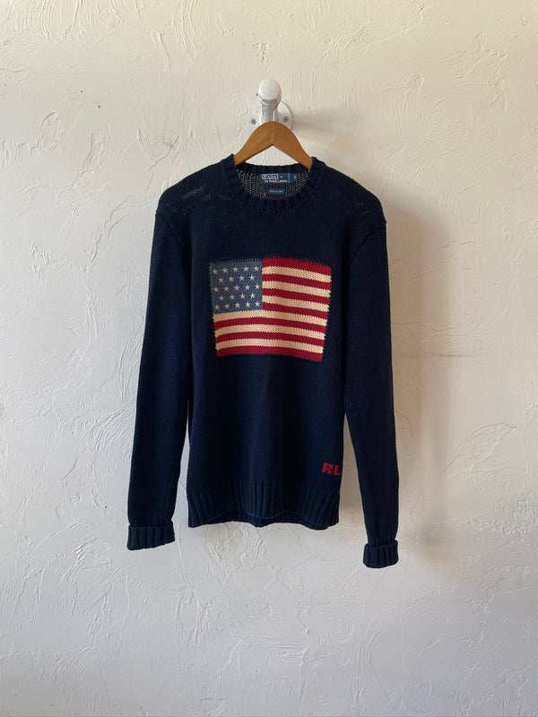 Vintage Polo Ralph Lauren Navy Cotton American Flag Sweater S/M - We Thieves