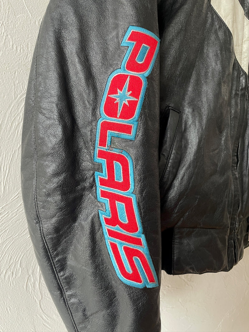 Vintage Polaris Black Leather Racing Jacket with Quilted Lining S