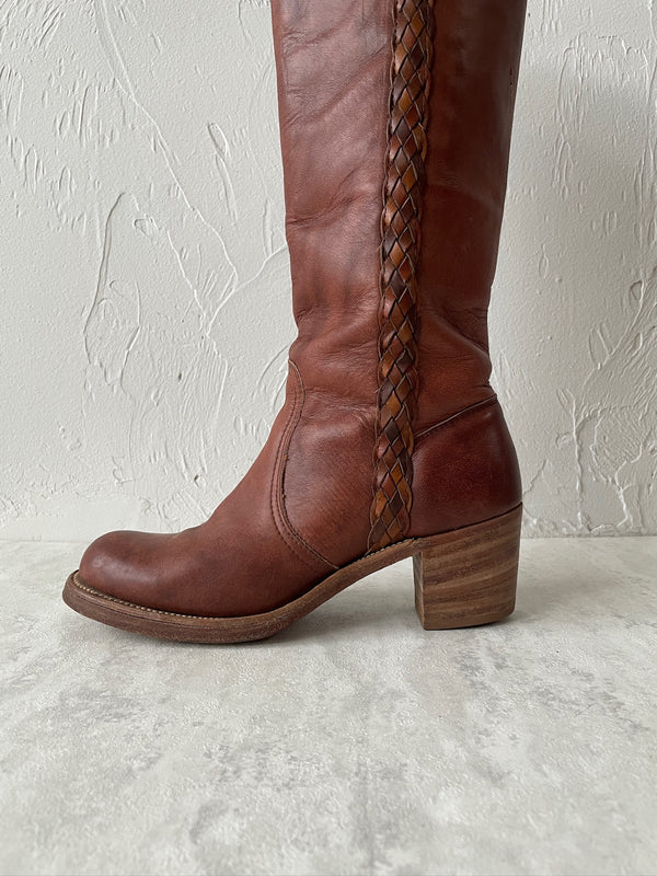 Vintage Frye Cognac Braided Leather Campus Boots Size 8 - We Thieves