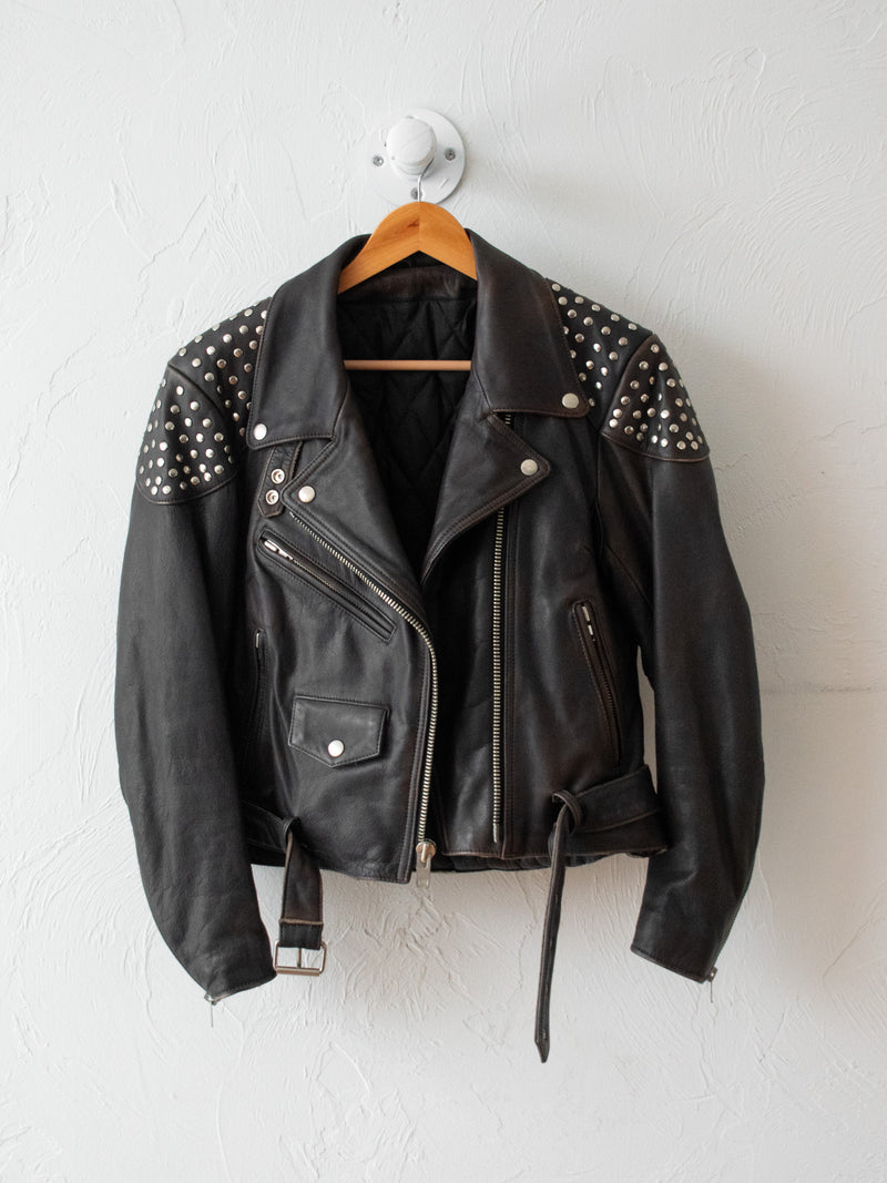 Vintage Studded Insulated Brown Leather Motorcycle Jacket M