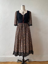 Vintage 70s Damina Black Paisley Lace-Up Bodice Boho Dress S - We Thieves