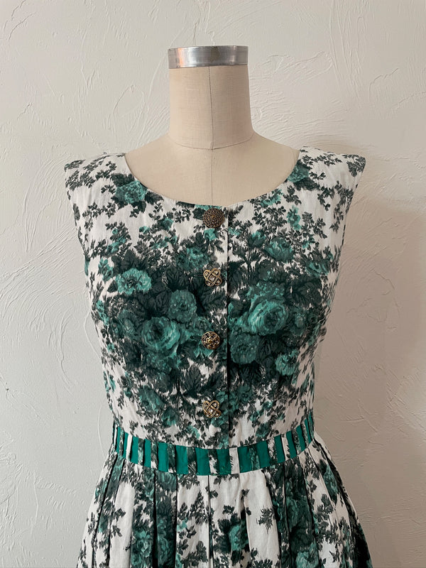 Vintage 1950s/60s Georgiana Dress Georgiana Green Floral Fit and Flare Dress S/M - We Thieves
