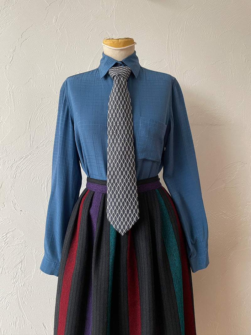 Vintage Gucci GG Logo Blue Silk Jacquard Blouse XS/S