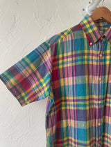 Vintage 90s Bright Plaid Madras Button Down Shirt M - We Thieves