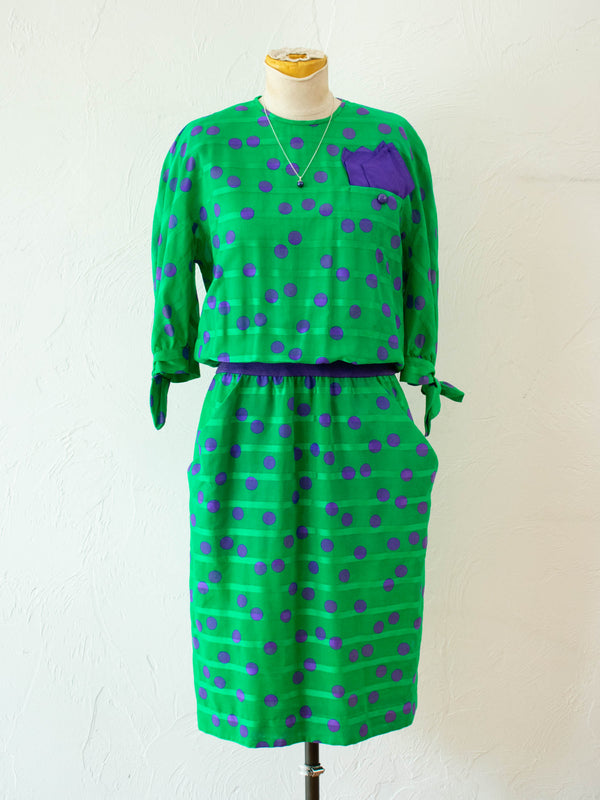 Vintage 1980s AKRIS Green & Purple Polka Dot Dress M - We Thieves