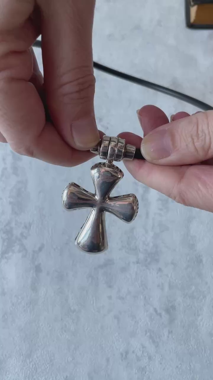 Vintage Joe Esposito Sterling Silver Cross on Black Leather Cord Choker Necklace - We Thieves