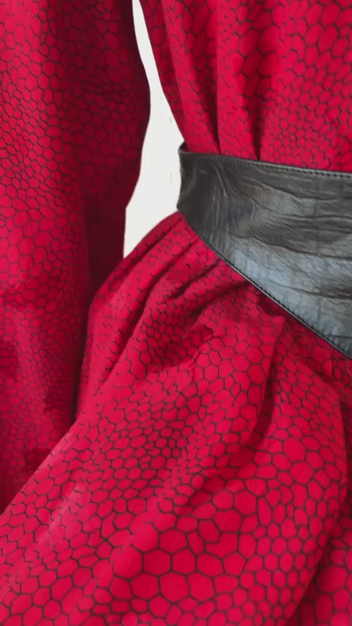 Vintage 1980s Red Patterned Silk and Black Pleather Skirt S - We Thieves