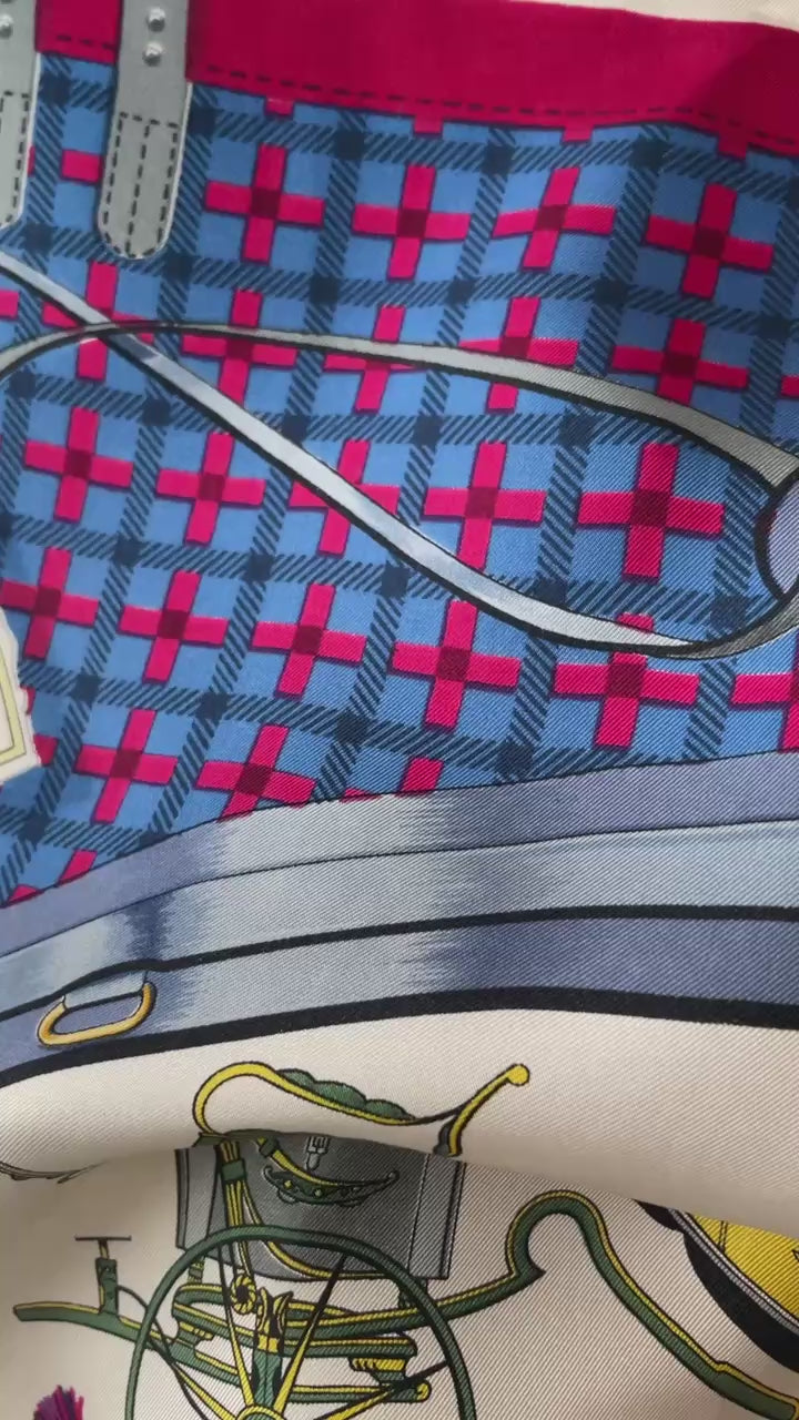 Vintage Hermes Les Voitures Nouvelles Blue, Red & Cream Carriages Silk Scarf - We Thieves
