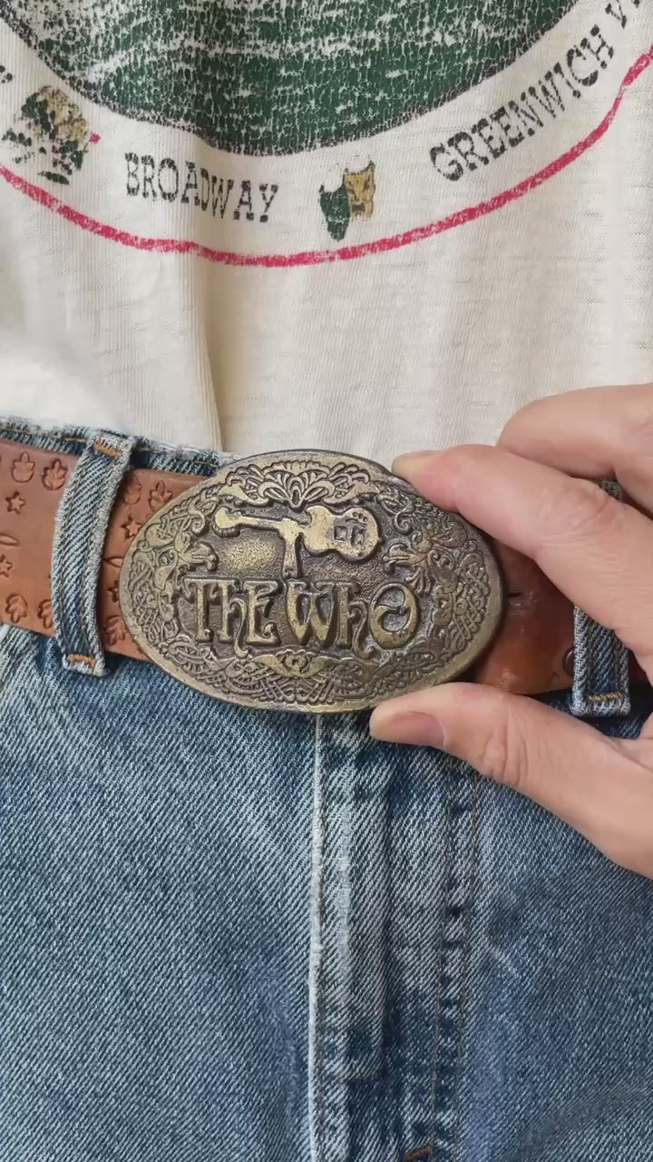Vintage Tooled Leather Belt with THE WHO Band Brass Buckle M/L - We Thieves