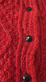 Vintage Handknit Scarlet Wool Cableknit Cardigan Sweater S/M