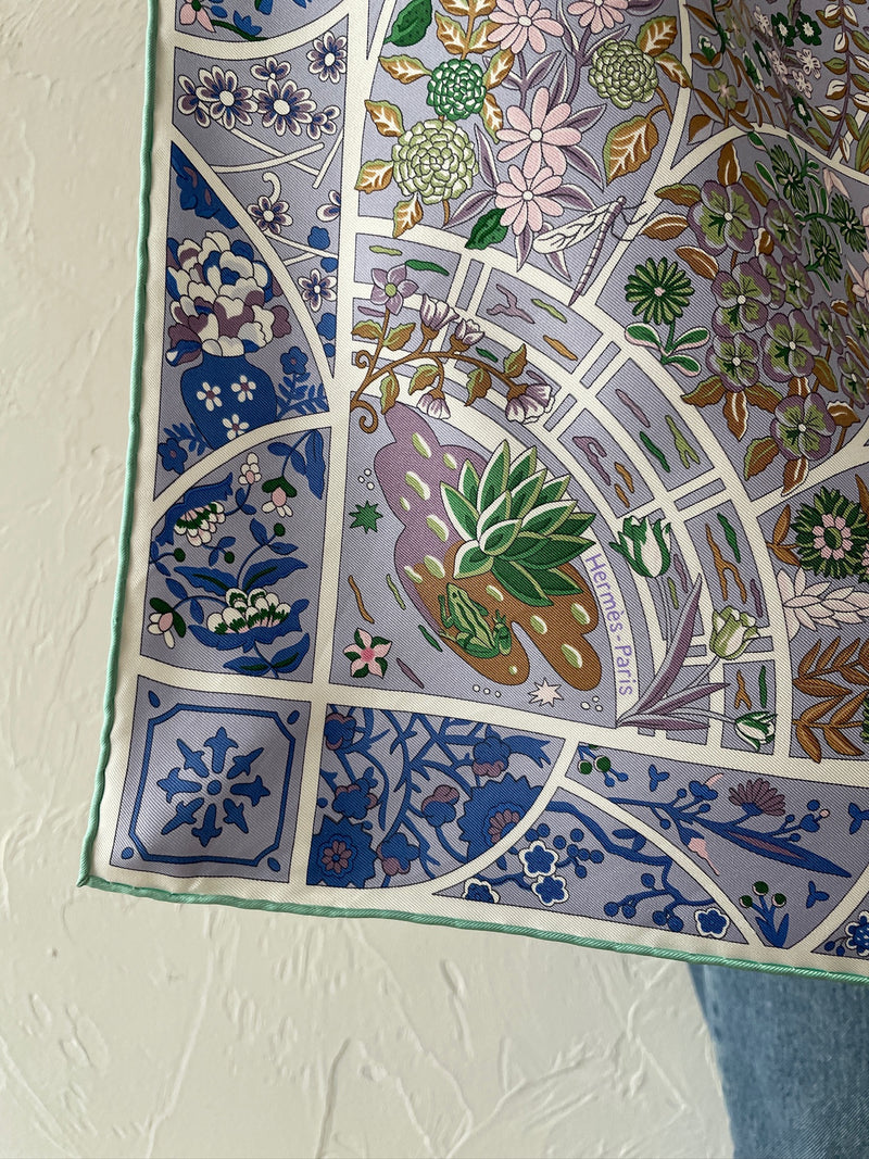 Vintage Hermes Violet & Green Fleurs De Giverny Silk Scarf