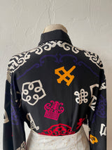 Vintage Ellen Tracy Black Silk Chinoiserie Graphic Print Blouse L - We Thieves