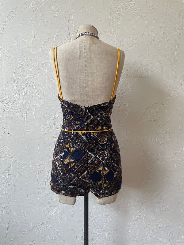 Vintage Catalina Batik Navy Yellow & Brown Strapless Romper S - We Thieves