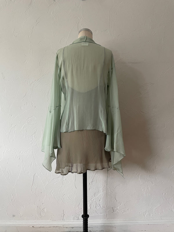 Vintage Patricia Pepe Italian Silk Mint Green Fairy Bell Sleeve Blouse M/L - We Thieves