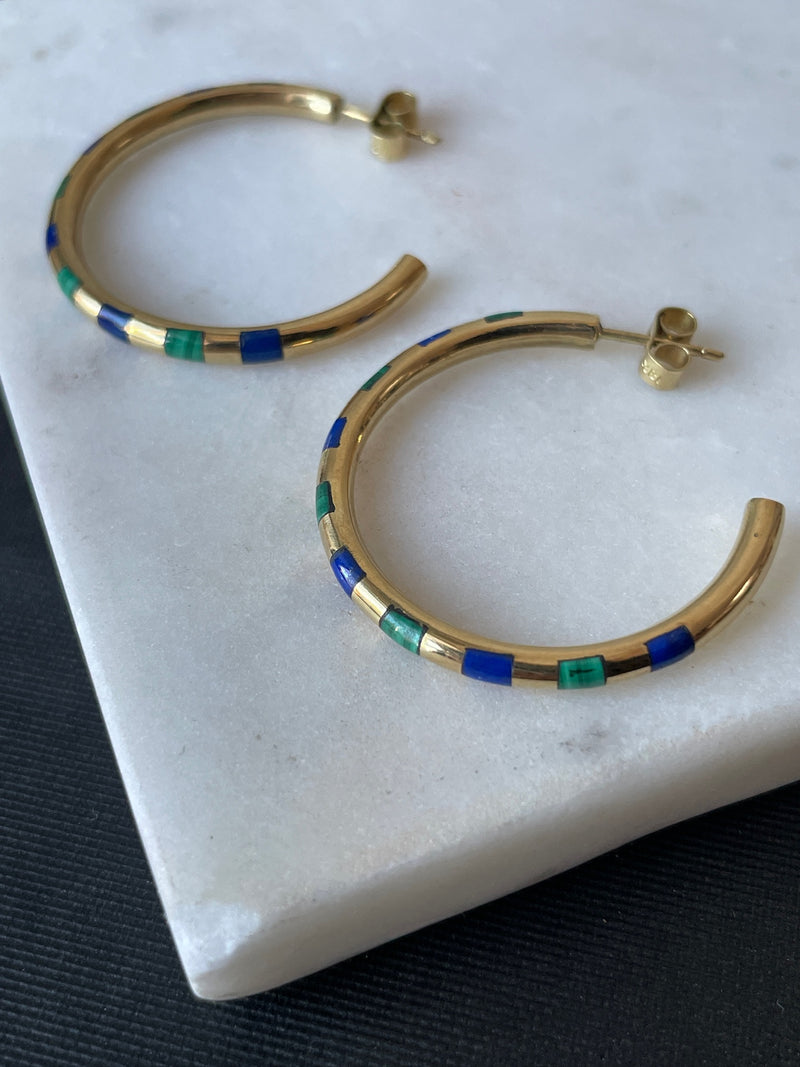 Vintage 18k Gold Earrings with Malachite & Lapis Lazuli Inlay