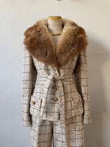 Vintage 60s Lilli Ann Windowpane Tweed Wool Blazer/Jacket with Fur Collar M