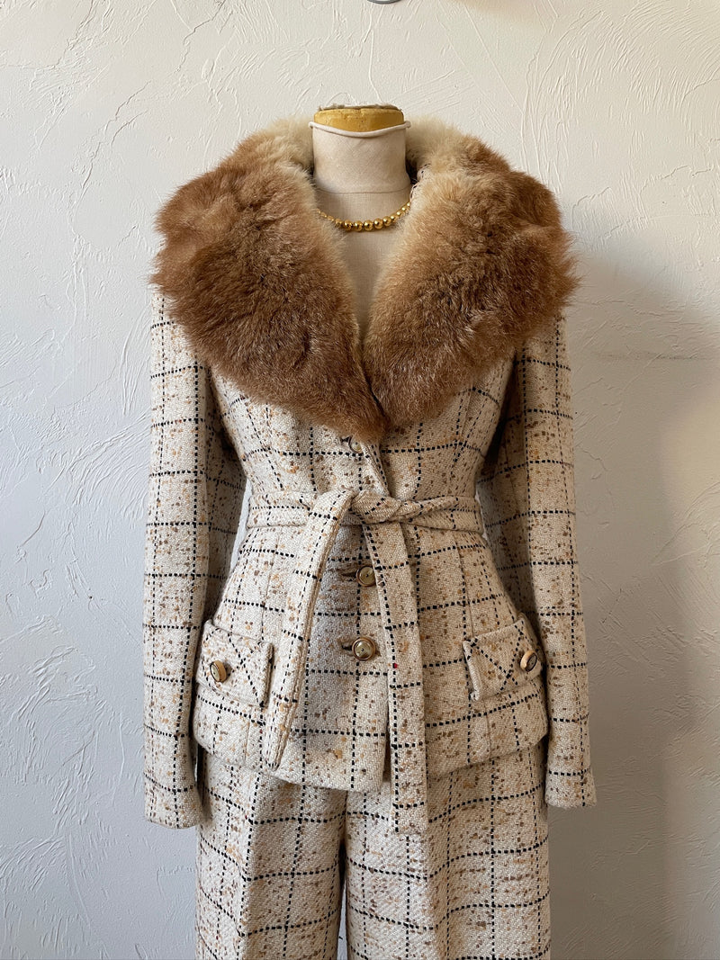 Vintage 60s Lilli Ann Windowpane Tweed Wool Blazer/Jacket with Fur Collar M