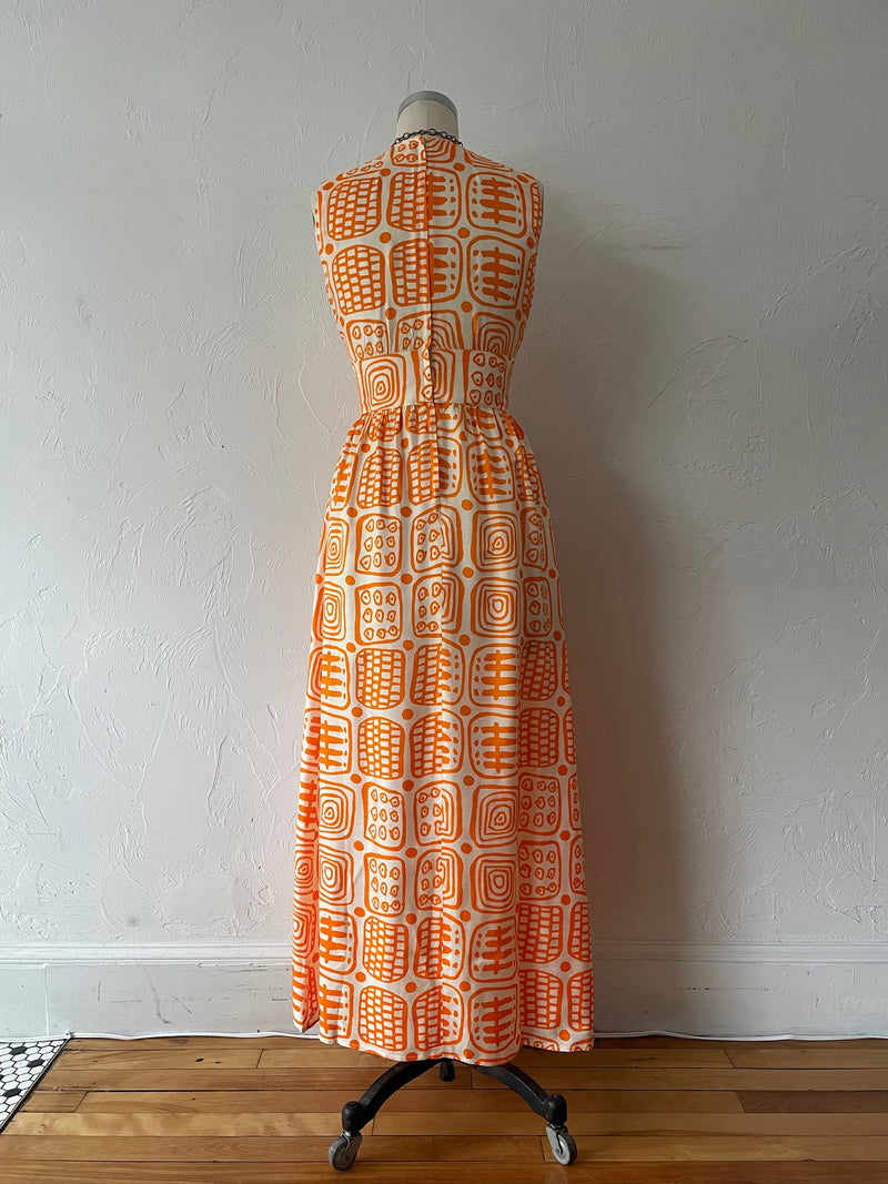 Vintage 70s Empire Waist Orange Print Maxi Dress S - We Thieves