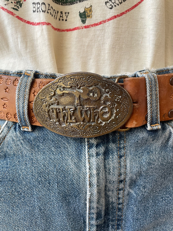 Vintage Tooled Leather Belt with THE WHO Band Brass Buckle M/L - We Thieves