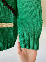 Vintage Handknit Green Hunting Dogs Zip-Up Cardigan Sweater M
